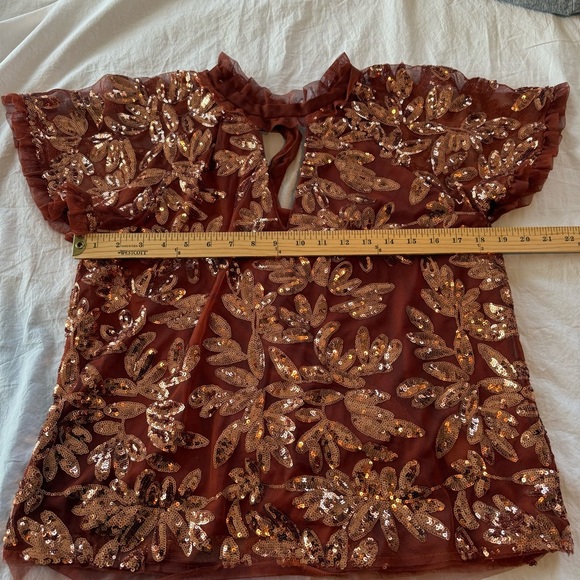 Anthropologie Copper Sequin Embroidered Blouse, Tie Back, Size S - Picture 7 of 10